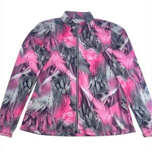 SofiBella Women's Athletic Zip-Up‎ Jacket – Pink & Gray Feather Print Size 2XL
